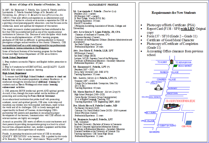 Brochure on the history of College of St. Benedict of Novaliches, Inc, the management profile, and the requirements for new students